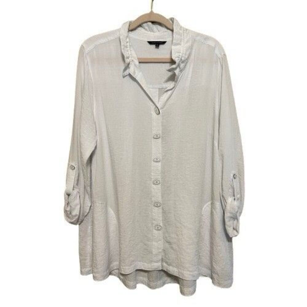 John Mark Button Up Tunic Top Large White Roll Tab Sleeves Relaxed Lagenlook